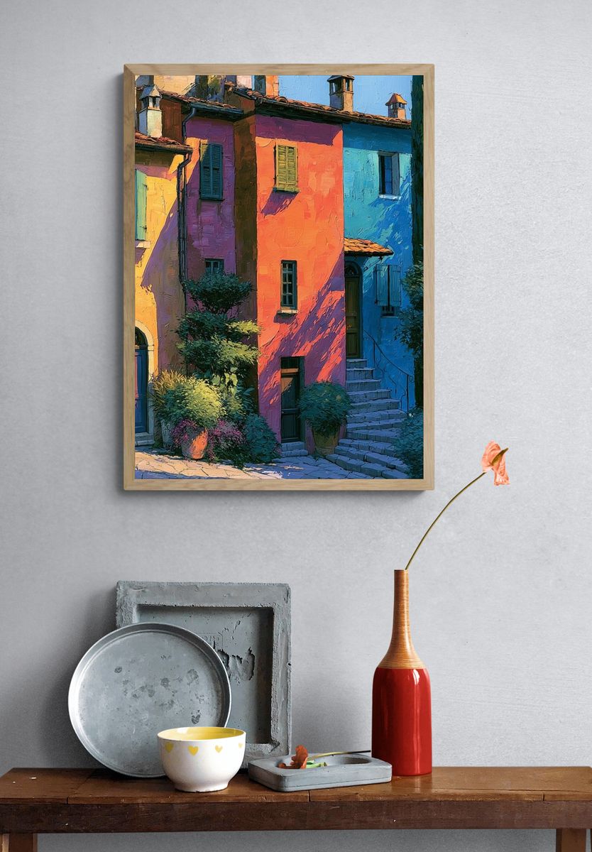 Colorful Tuscan Village — Illustration Print. — room view 3