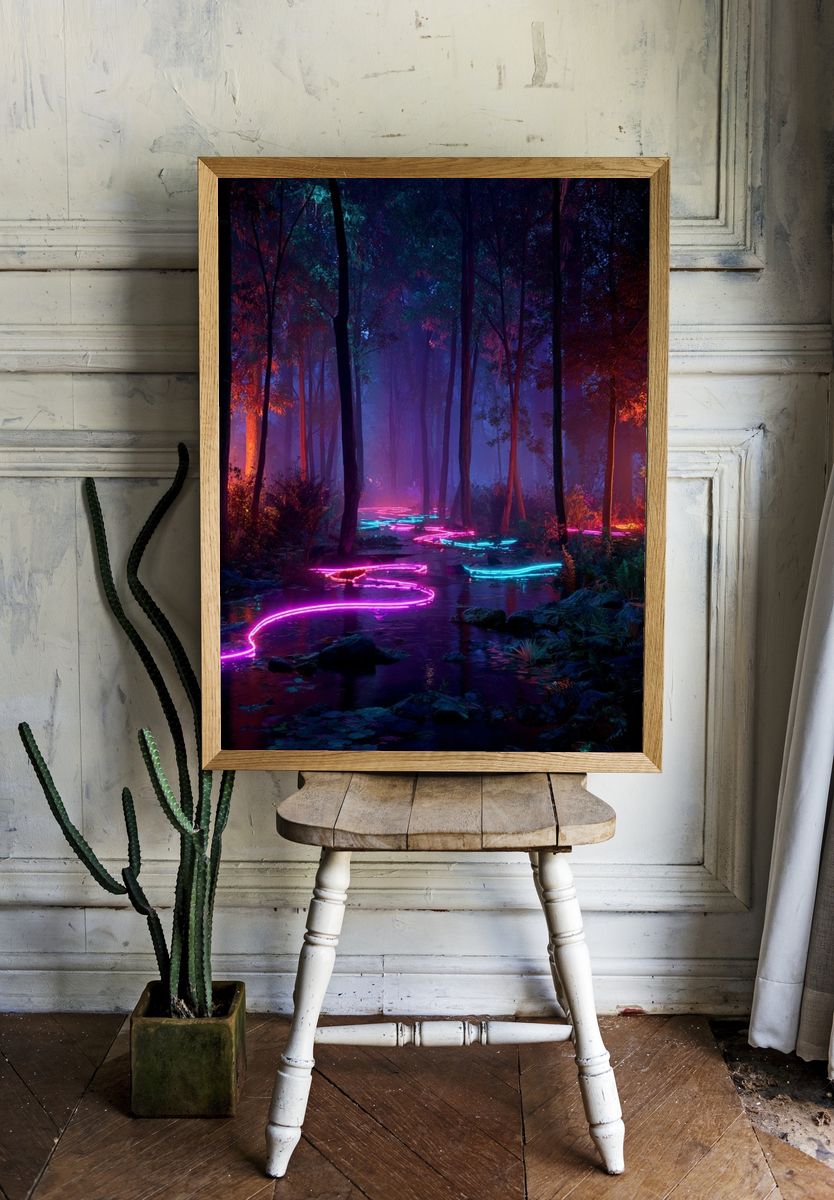 Neon Forest Stream Digital Art Poster. — room view 1