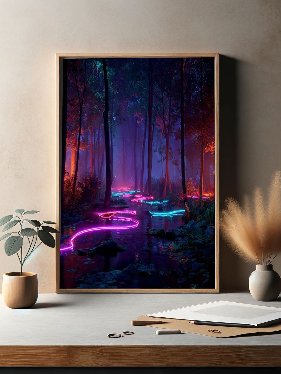 Neon Forest Stream Digital Art Poster. — room view 2