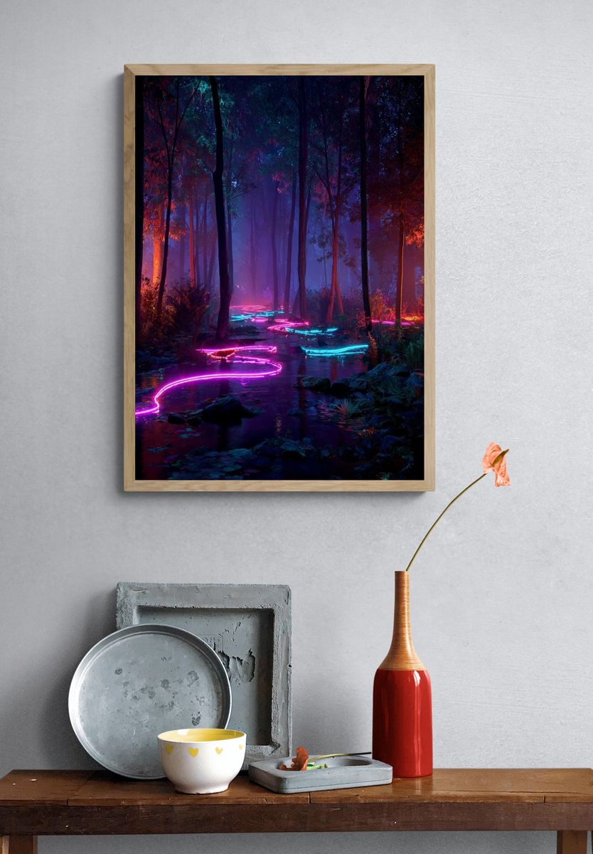 Neon Forest Stream Digital Art Poster. — room view 3