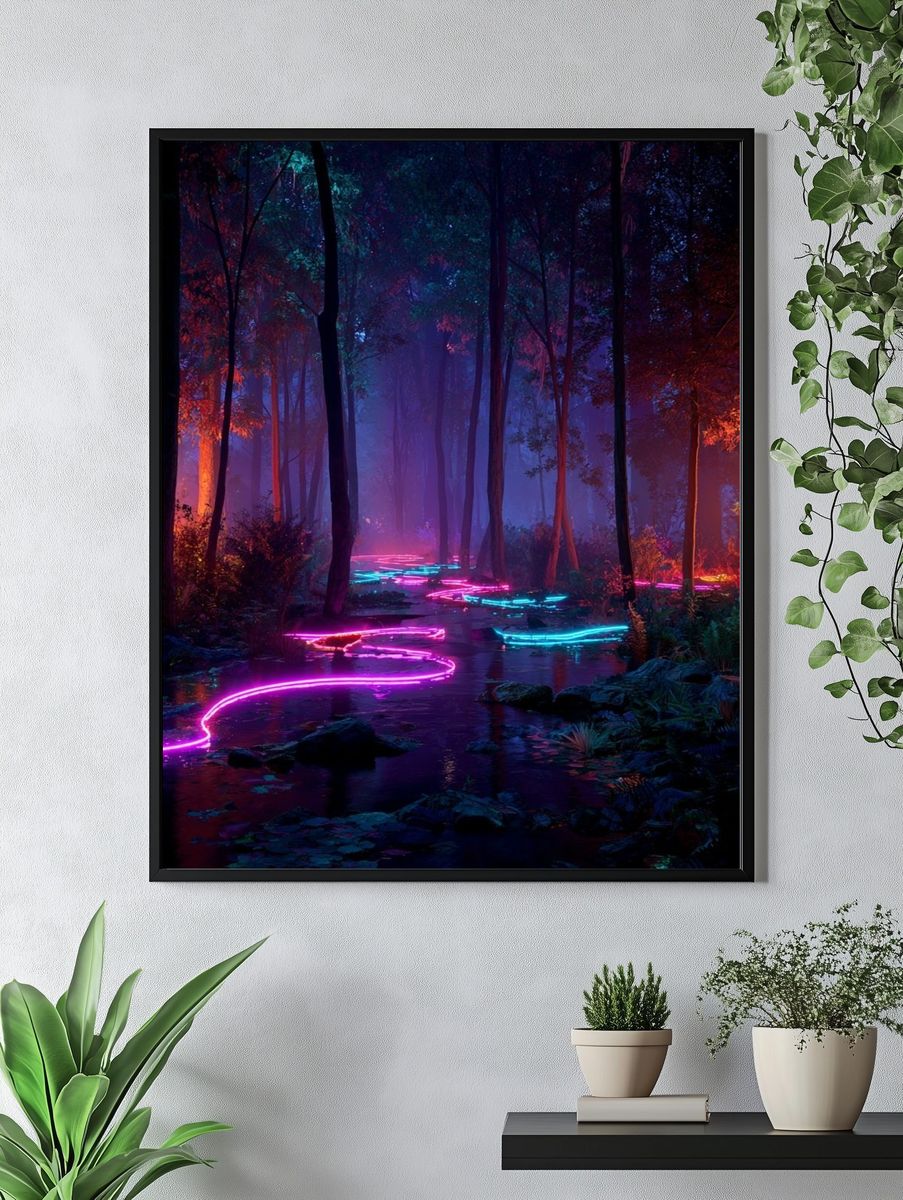 Neon Forest Stream Digital Art Poster. — room view 4