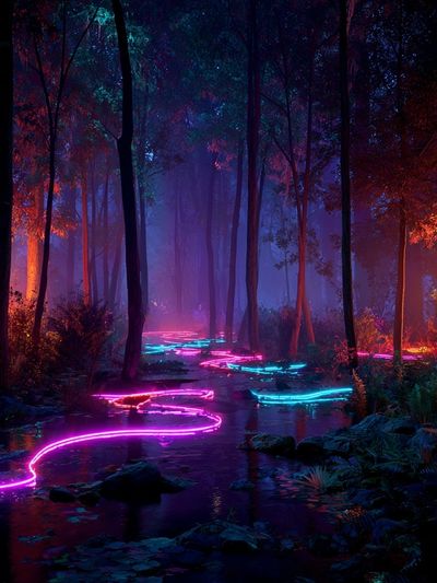 Neon Forest Stream Digital Art Poster. poster