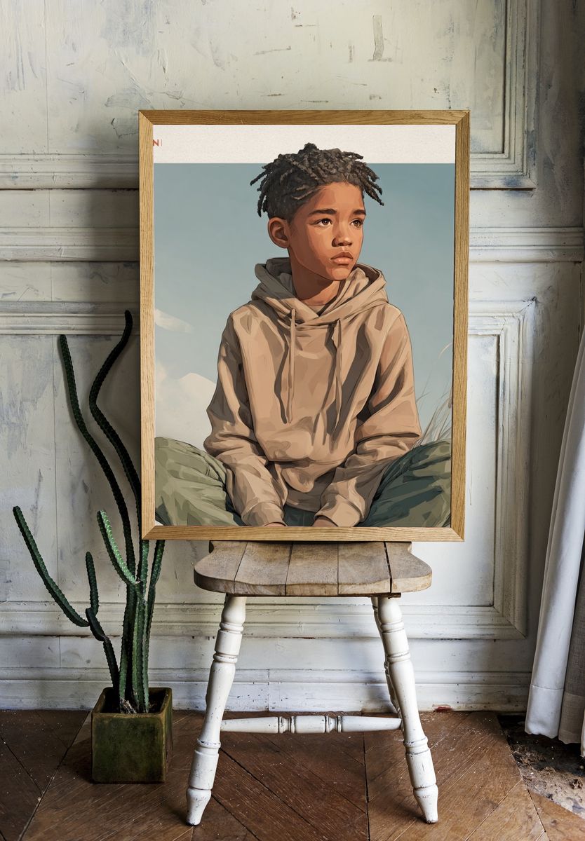 Contemplative Boy Illustration Poster. — room view 1
