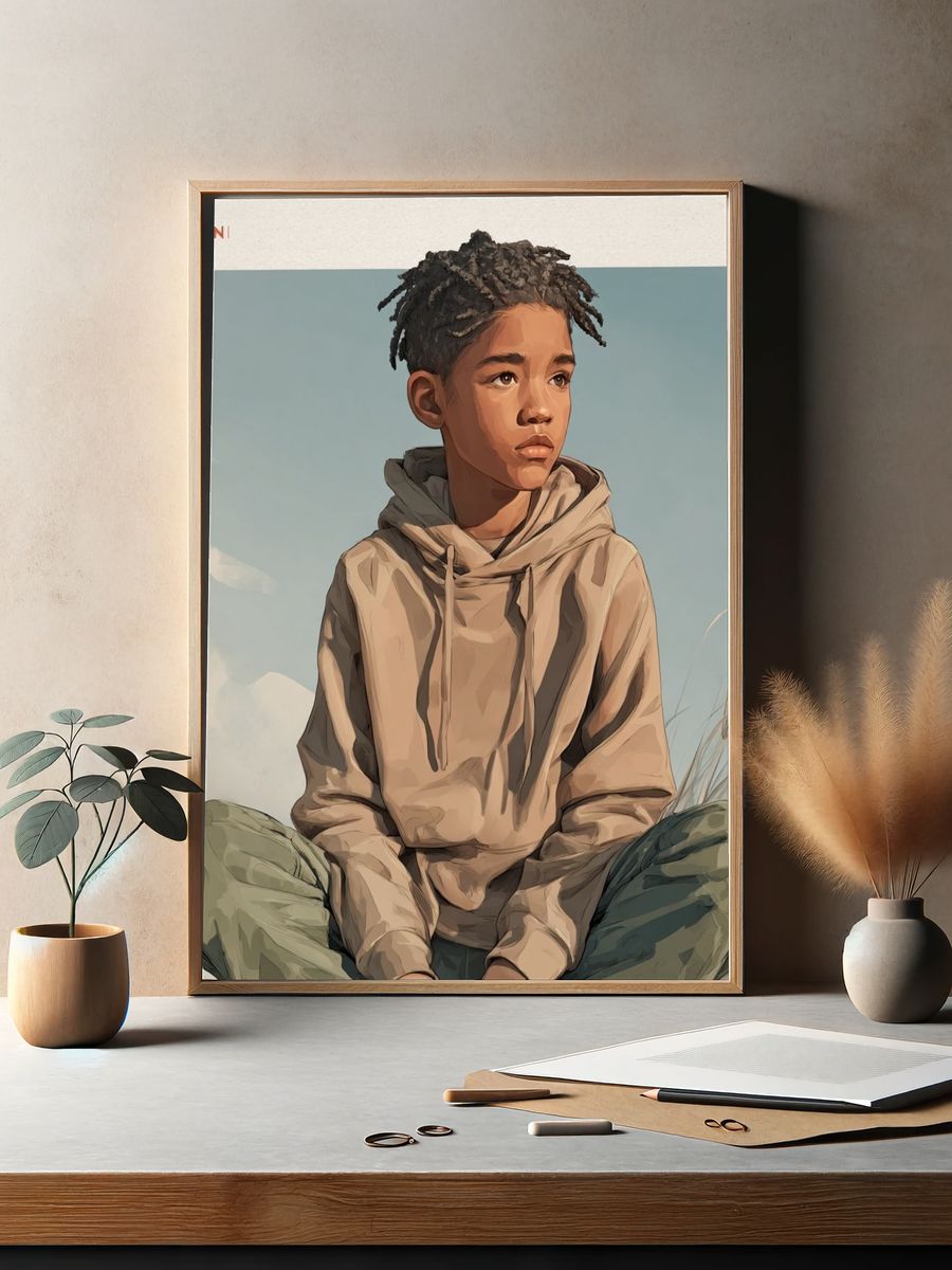 Contemplative Boy Illustration Poster. — room view 2