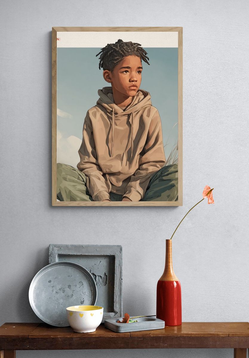 Contemplative Boy Illustration Poster. — room view 3