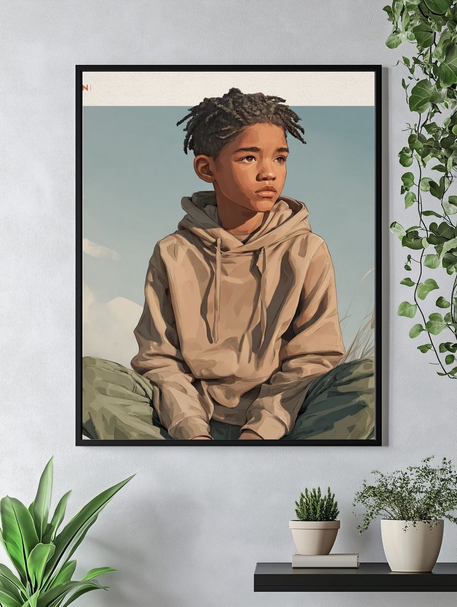 Contemplative Boy Illustration Poster. — room view 4