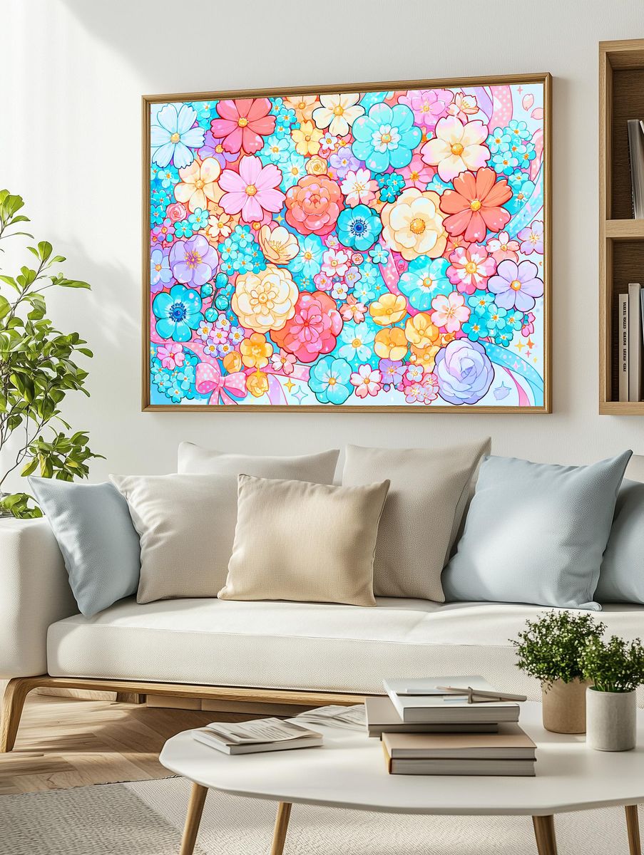 Pastel Flower Garden Illustration Poster. — room view 2