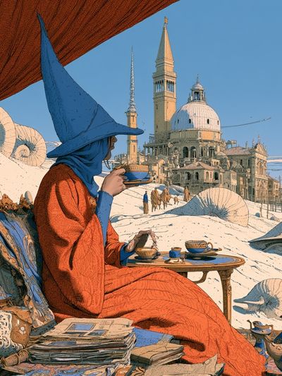 Venetian Tea Scene Illustration Poster.