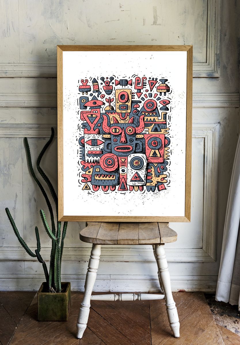 Tribal Mask Collage Illustration Poster. room preview
