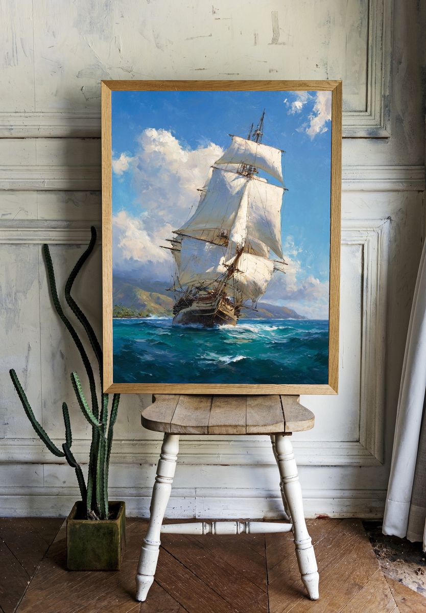 Tall Ship at Sea Illustration Poster. — room view 1