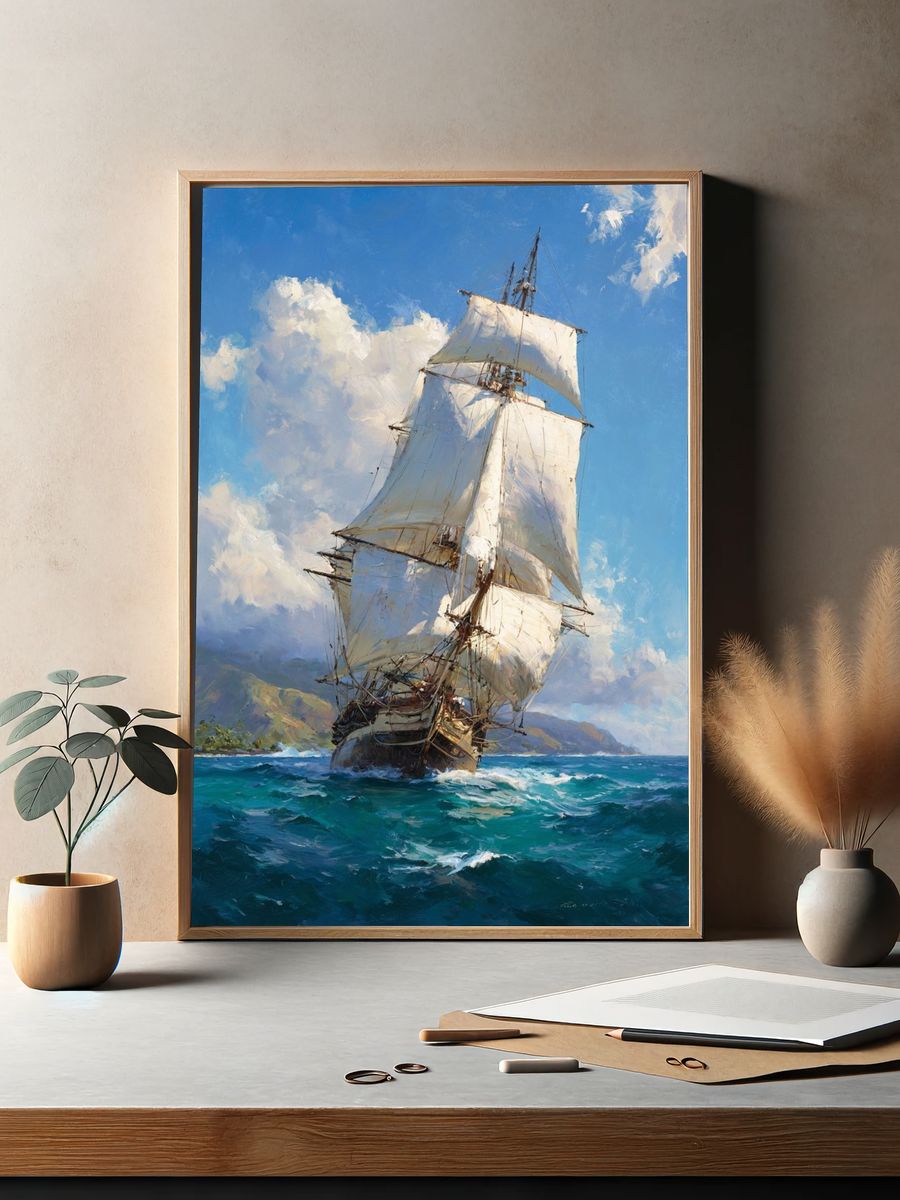 Tall Ship at Sea Illustration Poster. — room view 2