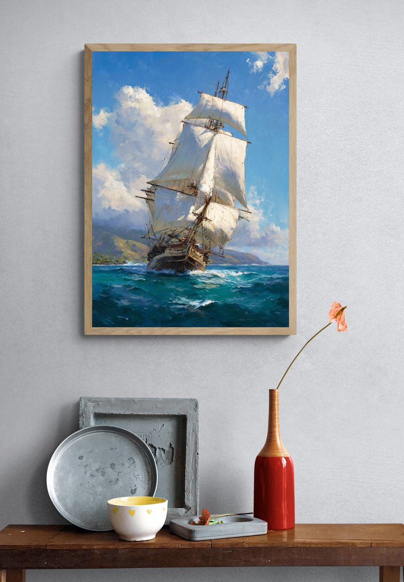 Tall Ship at Sea Illustration Poster. — room view 3