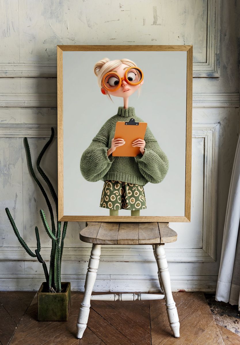 Quirky Girl with Clipboard Illustration Poster. — room view 1