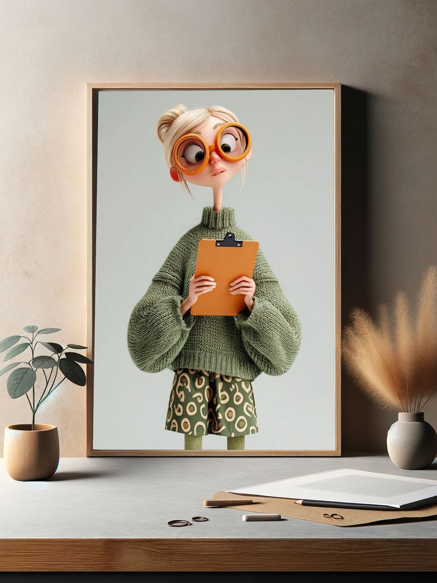 Quirky Girl with Clipboard Illustration Poster. — room view 2