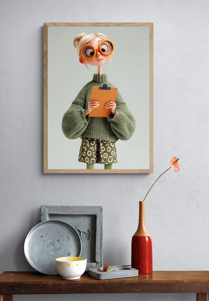 Quirky Girl with Clipboard Illustration Poster. — room view 3