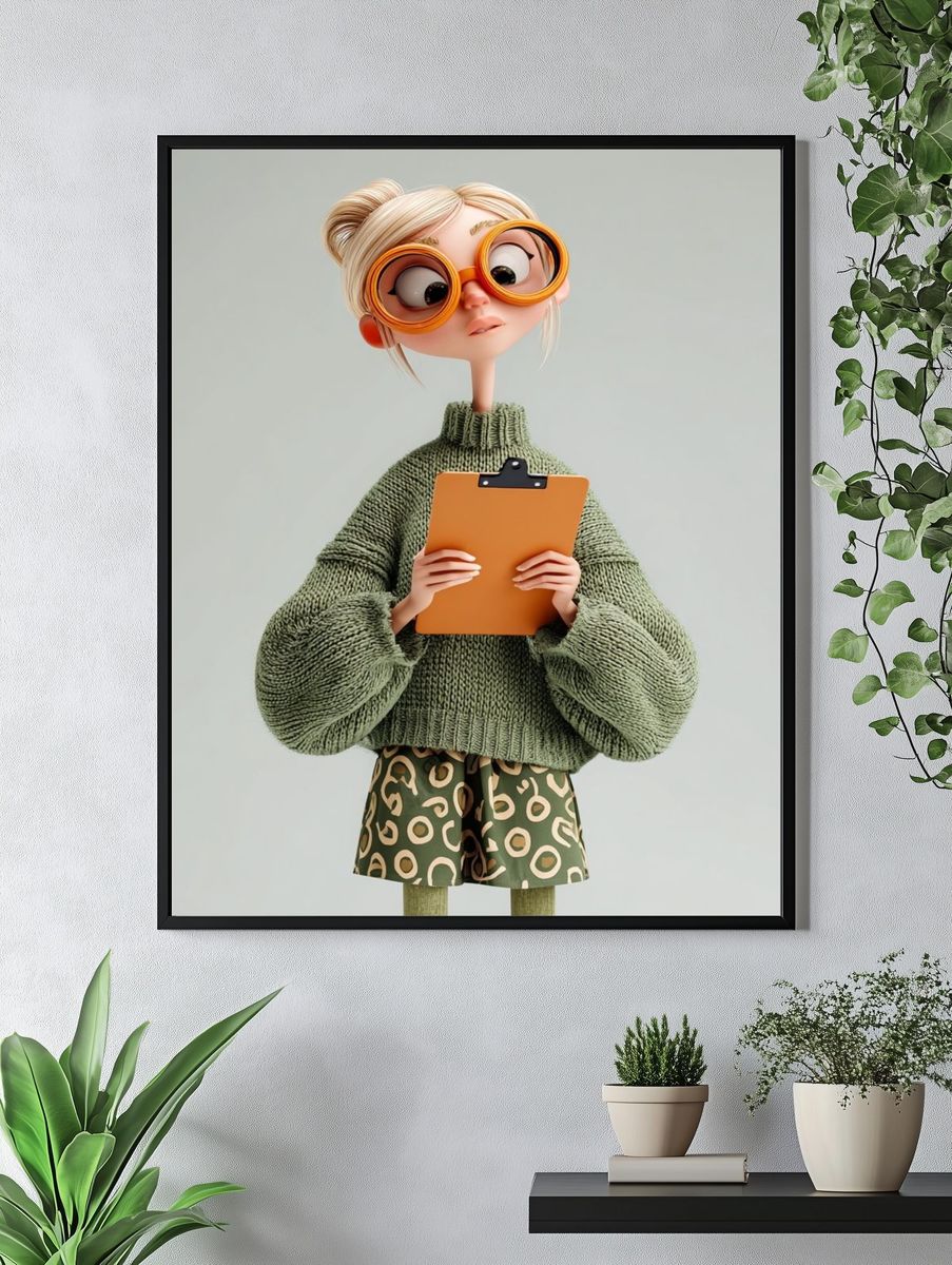 Quirky Girl with Clipboard Illustration Poster. — room view 4