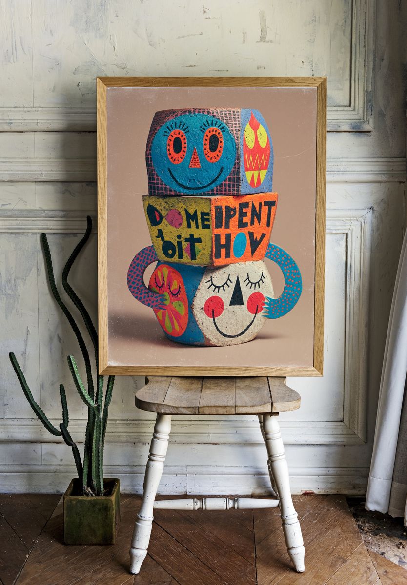 Playful Folk Art Faces Poster. room preview