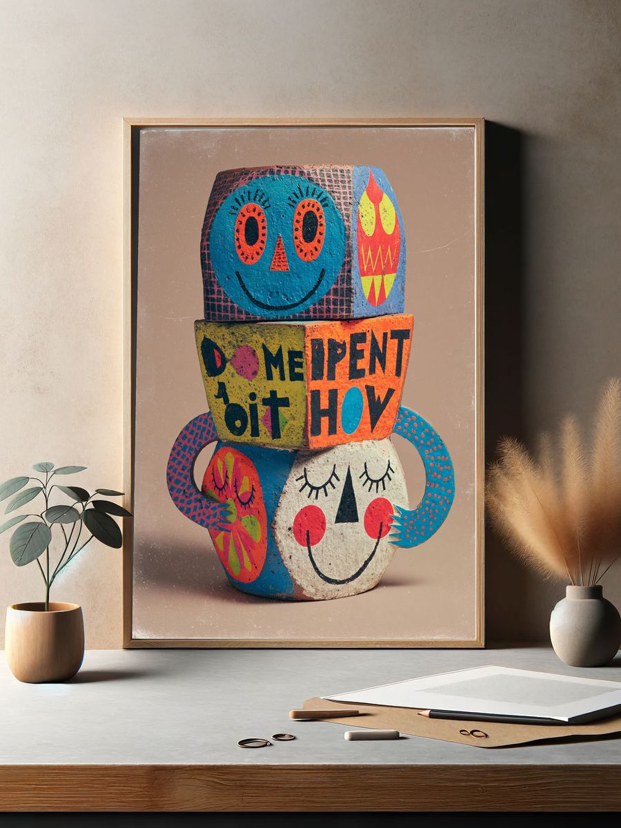 Playful Folk Art Faces Poster. — room view 2