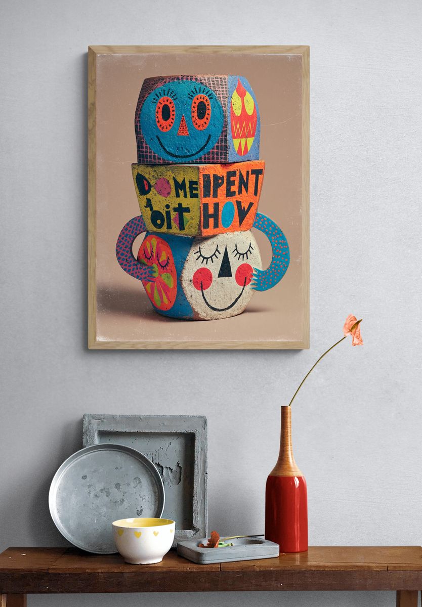 Playful Folk Art Faces Poster. — room view 3