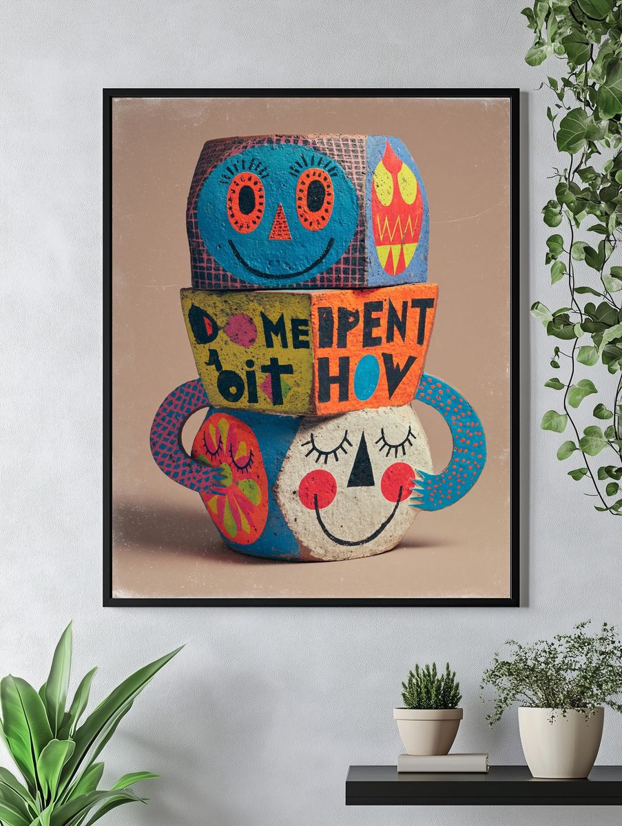 Playful Folk Art Faces Poster. — room view 4