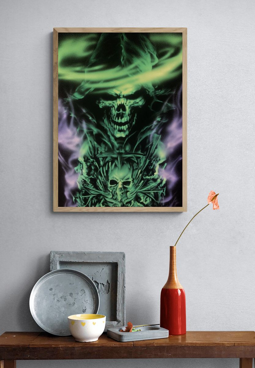 Neon Skull Smoke Illustration Poster. — room view 3
