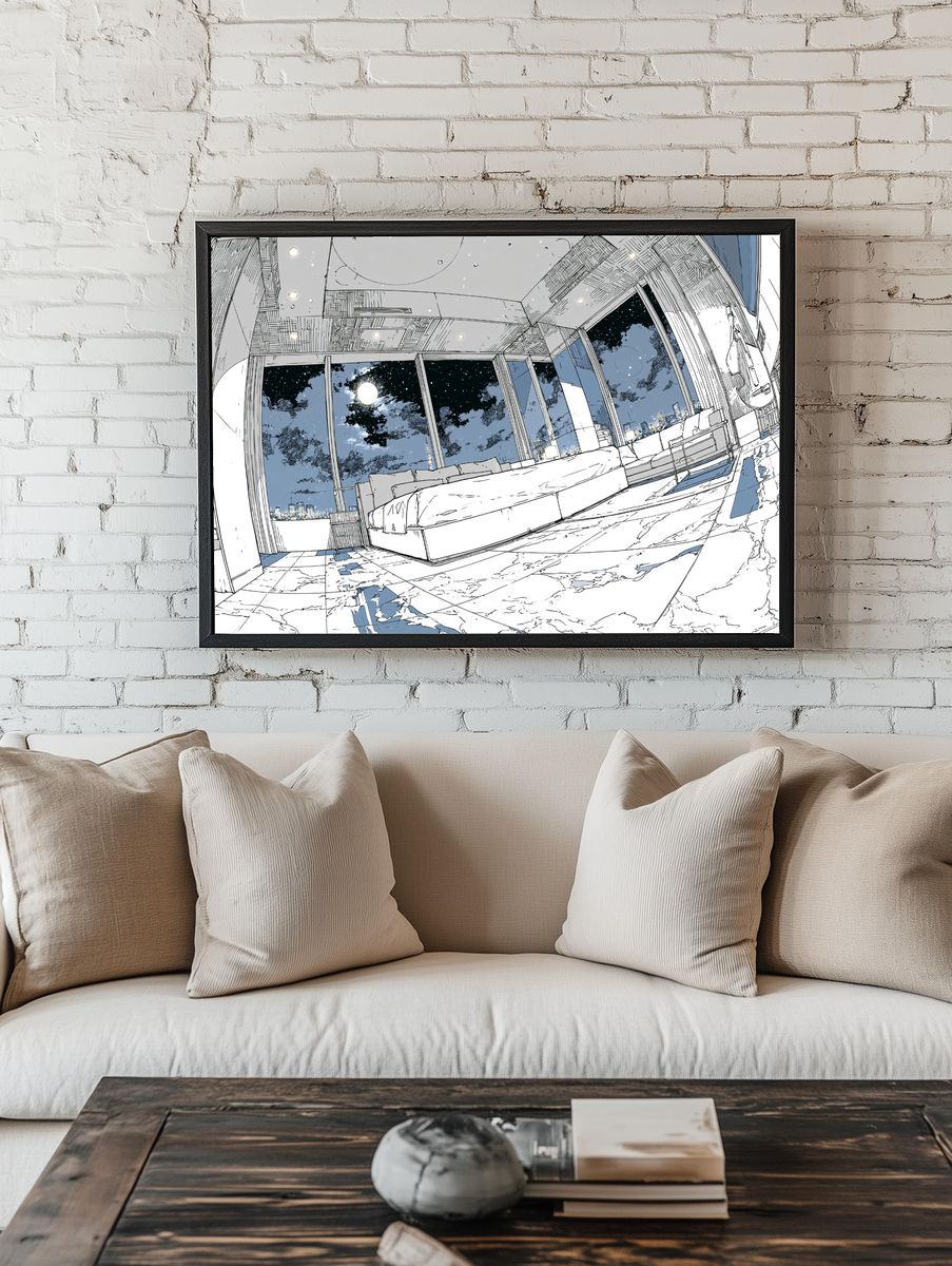 Moonlit Modern Bedroom Illustration Poster. — room view 1
