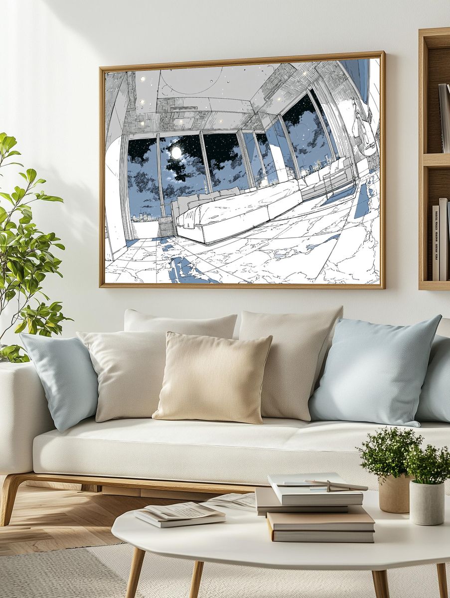 Moonlit Modern Bedroom Illustration Poster. — room view 2