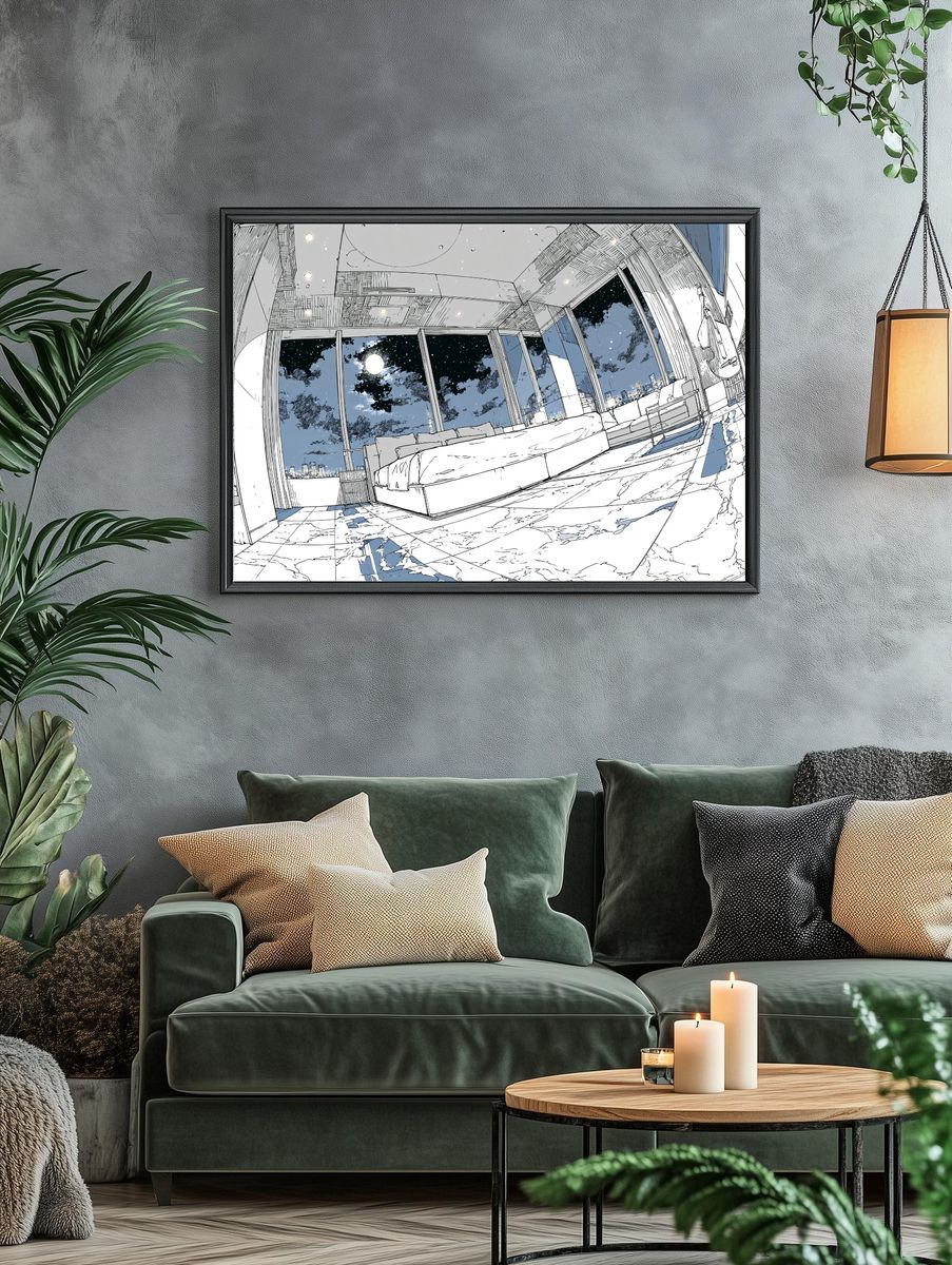 Moonlit Modern Bedroom Illustration Poster. — room view 4