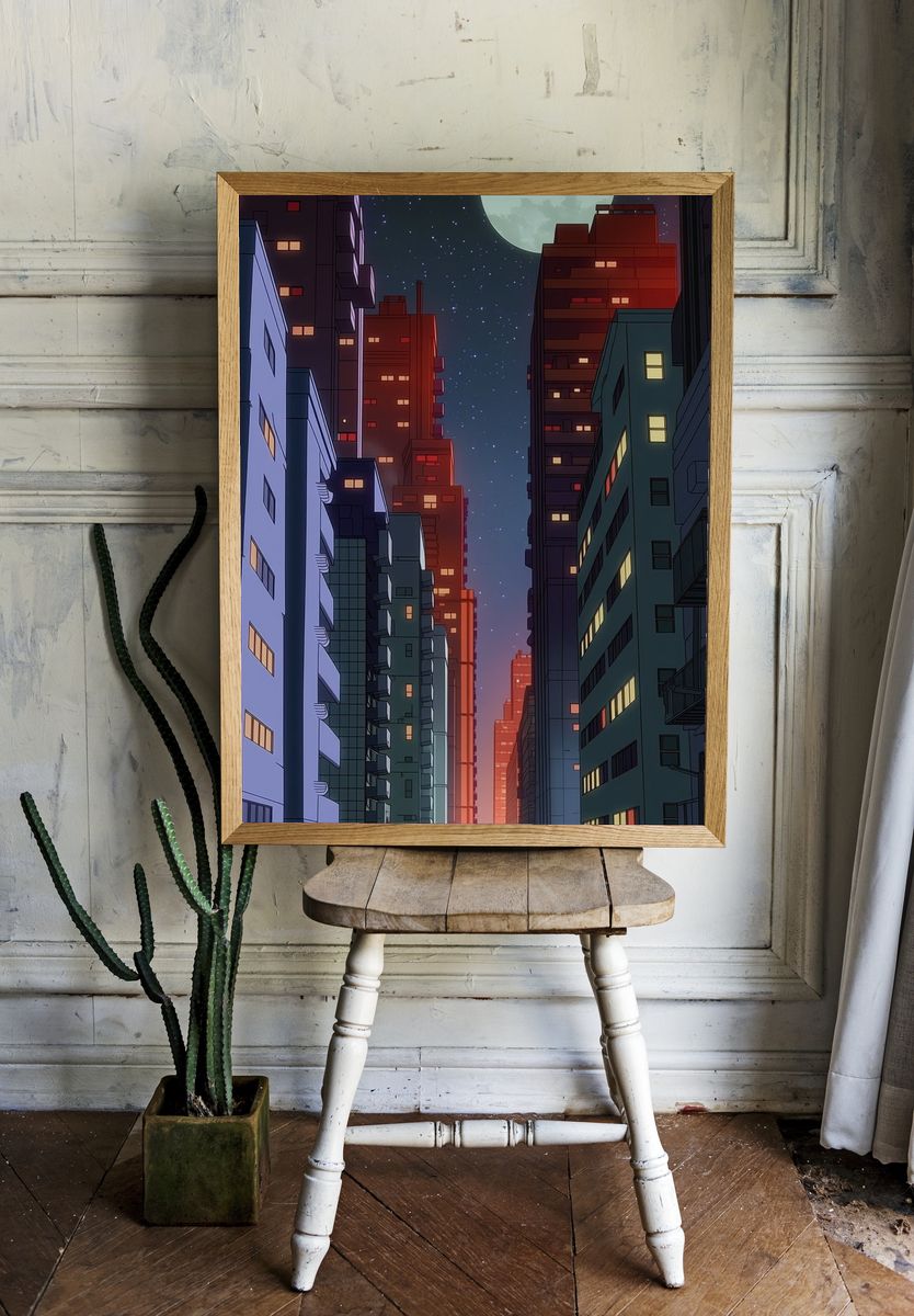 Moonlit City Alley Illustration Poster. — room view 1
