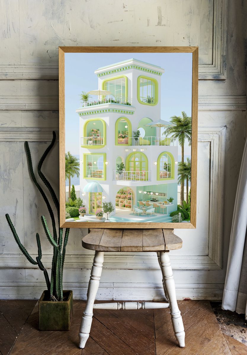 Pastel Coastal Villa Illustration Poster. room preview