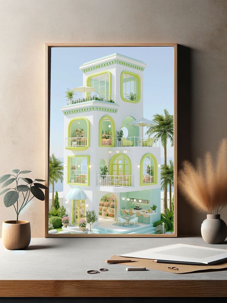 Pastel Coastal Villa Illustration Poster. — room view 2