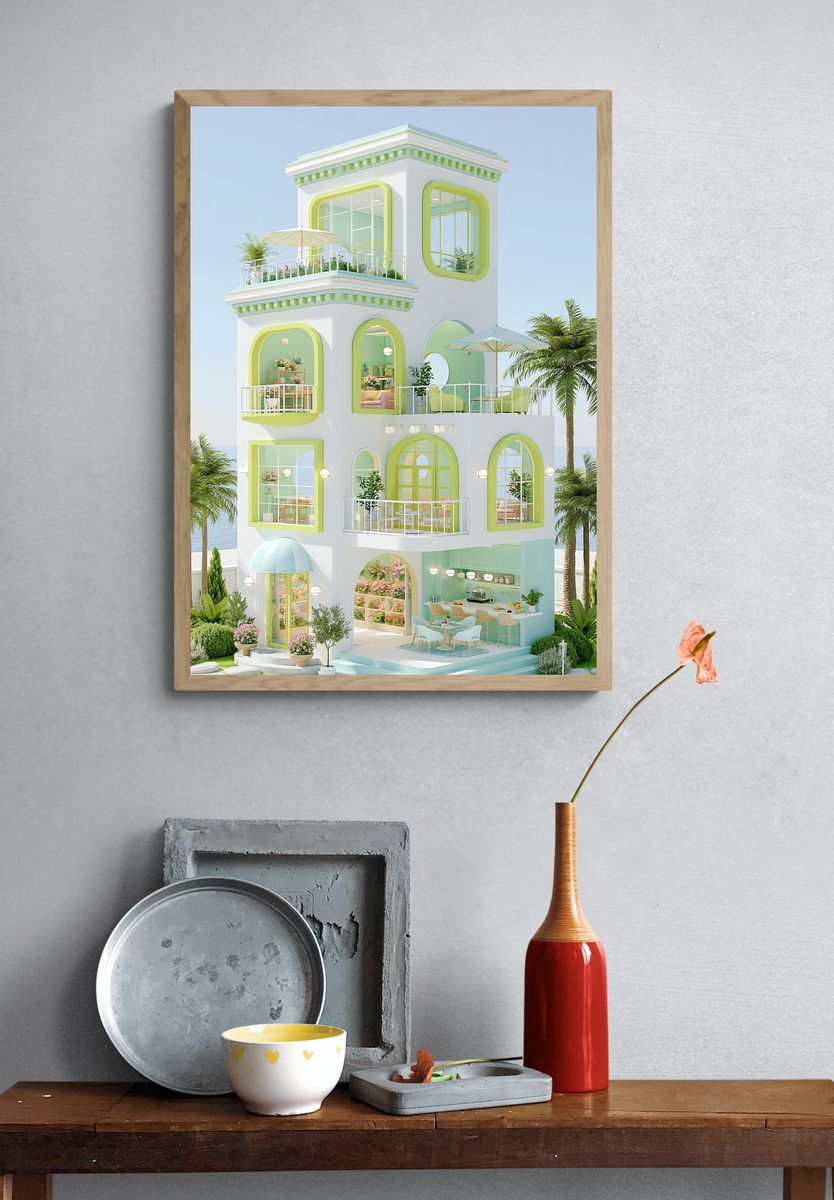 Pastel Coastal Villa Illustration Poster. — room view 3