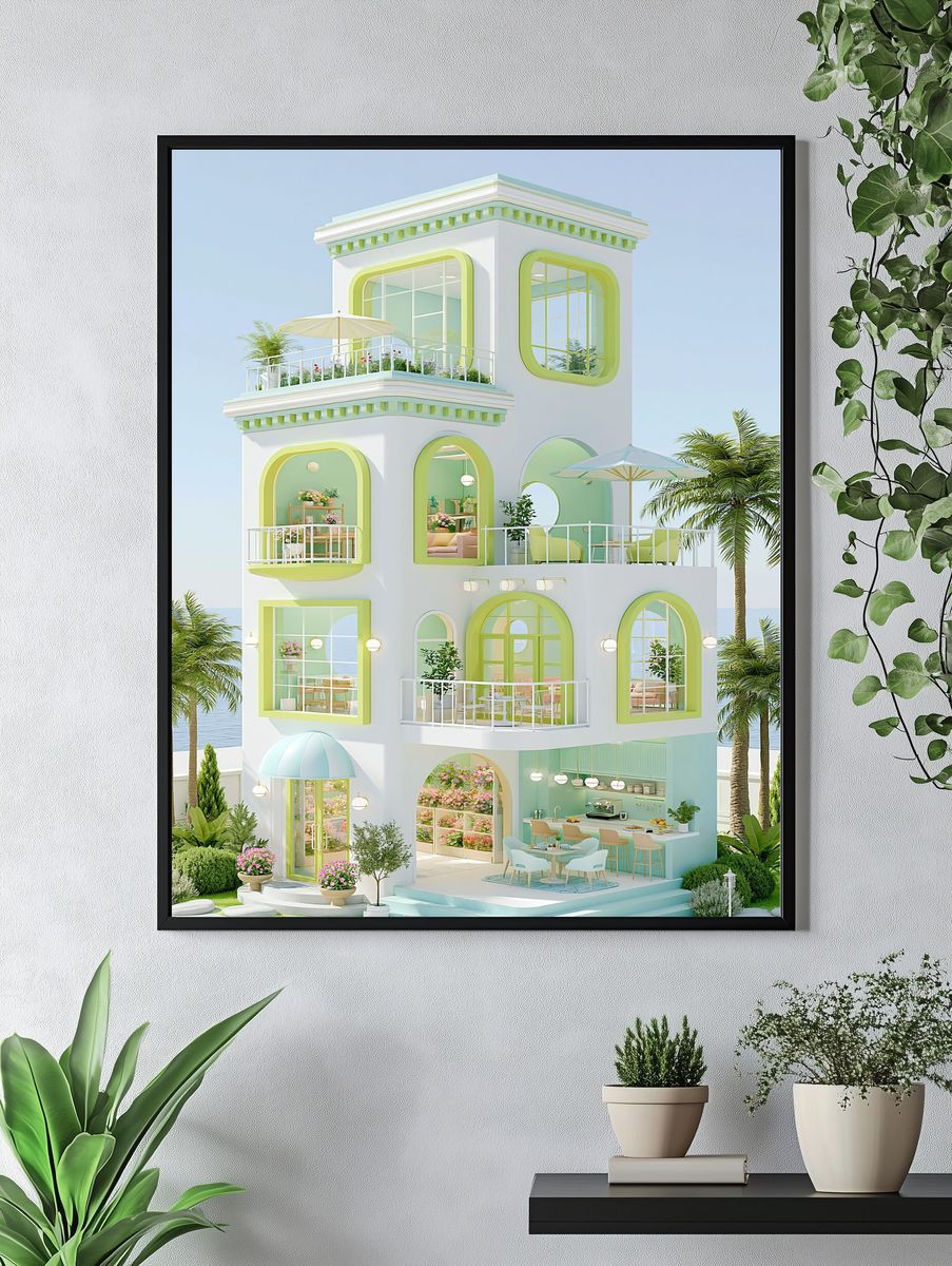 Pastel Coastal Villa Illustration Poster. — room view 4