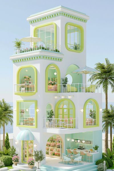 Pastel Coastal Villa Illustration Poster.