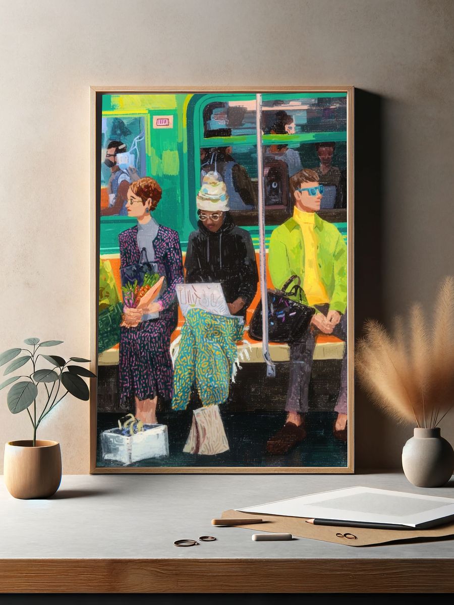 Subway Commuters Illustration Poster. — room view 2