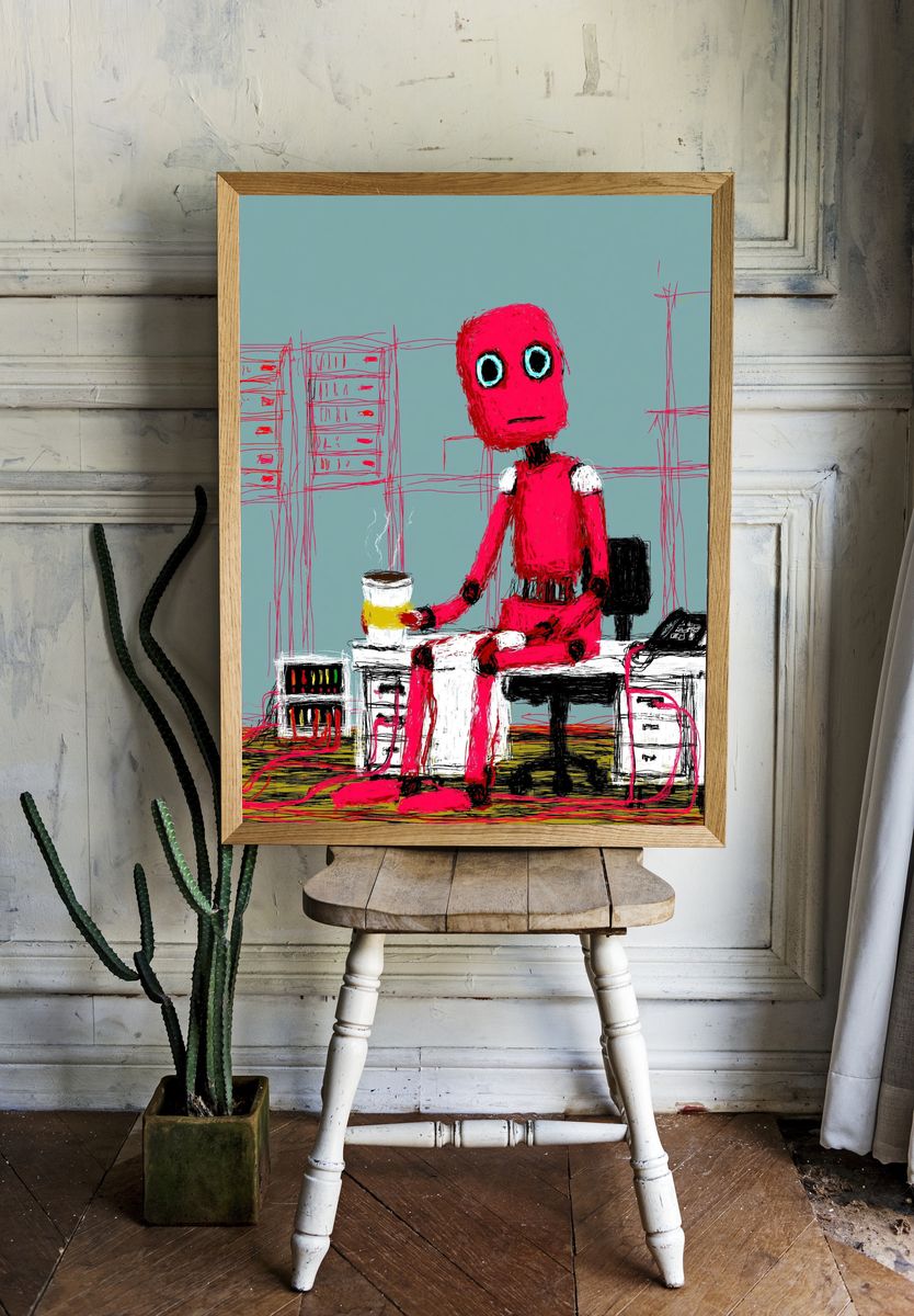 Pink Robot Figure Illustration Poster. room preview