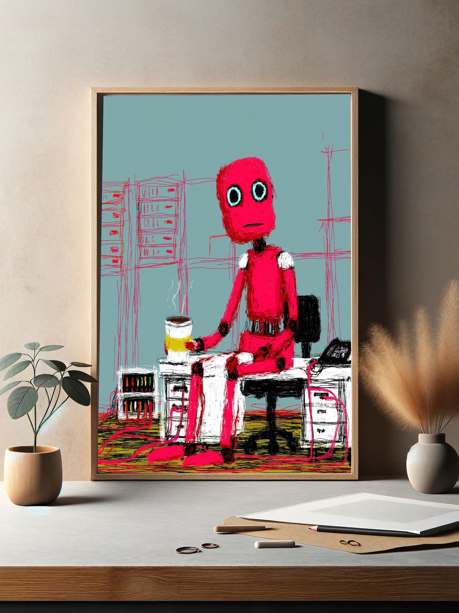 Pink Robot Figure Illustration Poster. — room view 2