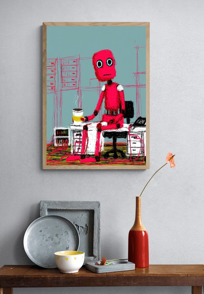 Pink Robot Figure Illustration Poster. — room view 3