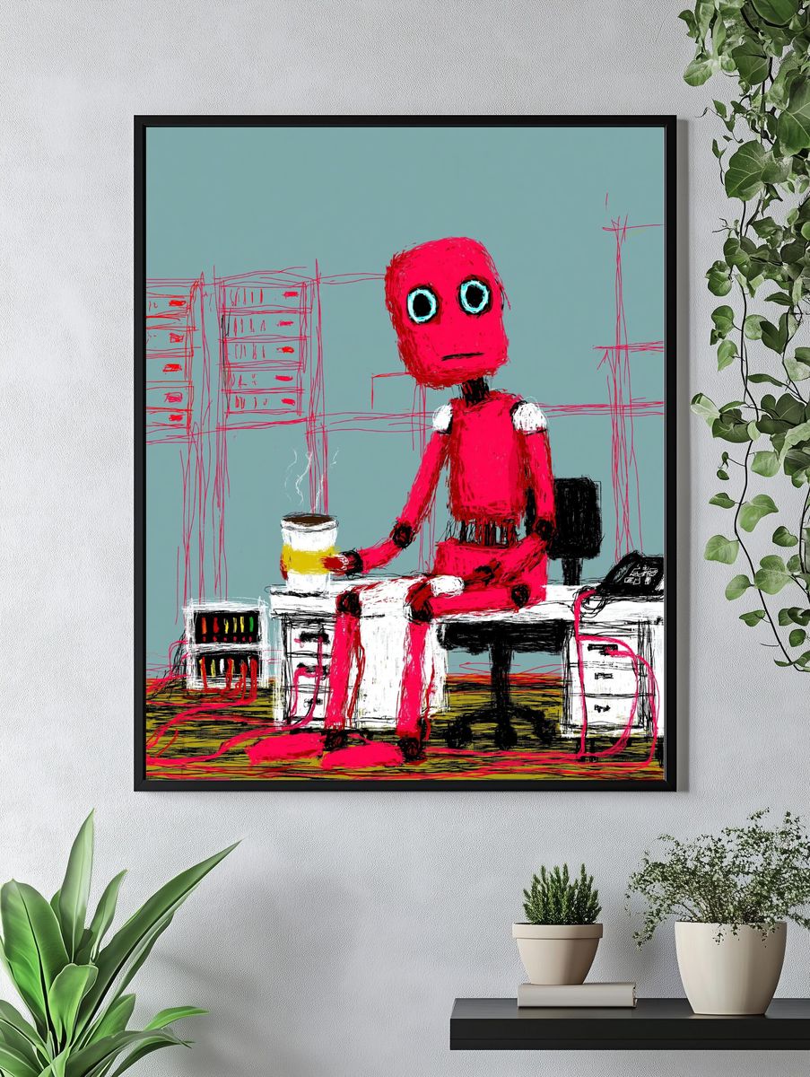 Pink Robot Figure Illustration Poster. — room view 4
