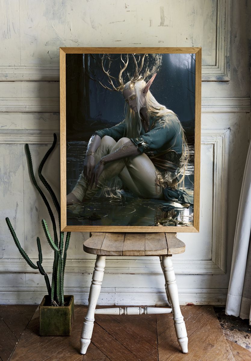 Moonlit Forest Elf Portrait Print. room preview