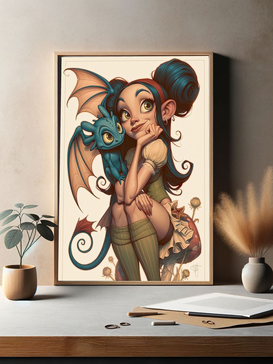 Dragon Girl Fantasy Illustration Poster. — room view 2
