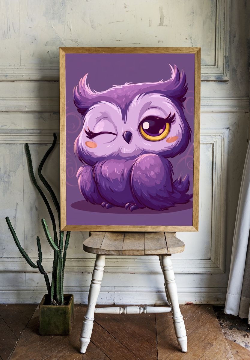 Cute Purple Owl Cartoon Poster. — room view 1
