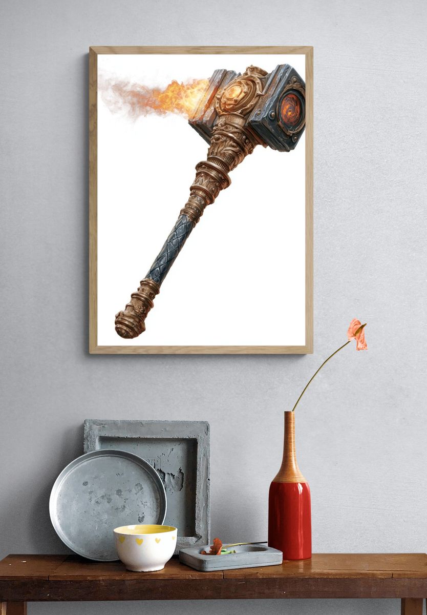 Flaming Warhammer Digital Art Poster. — room view 3