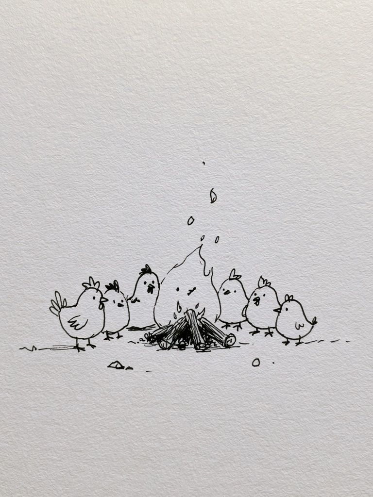 Chickens Around Campfire Illustration Poster. poster — illustration art