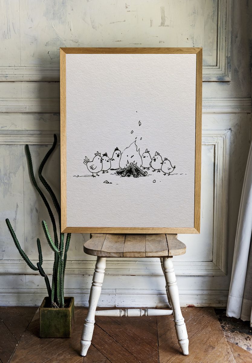 Chickens Around Campfire Illustration Poster. room preview