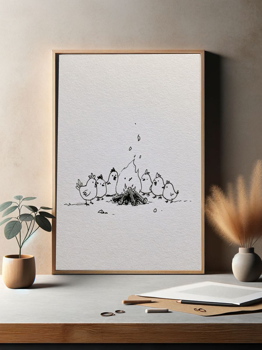 Chickens Around Campfire Illustration Poster. — room view 2