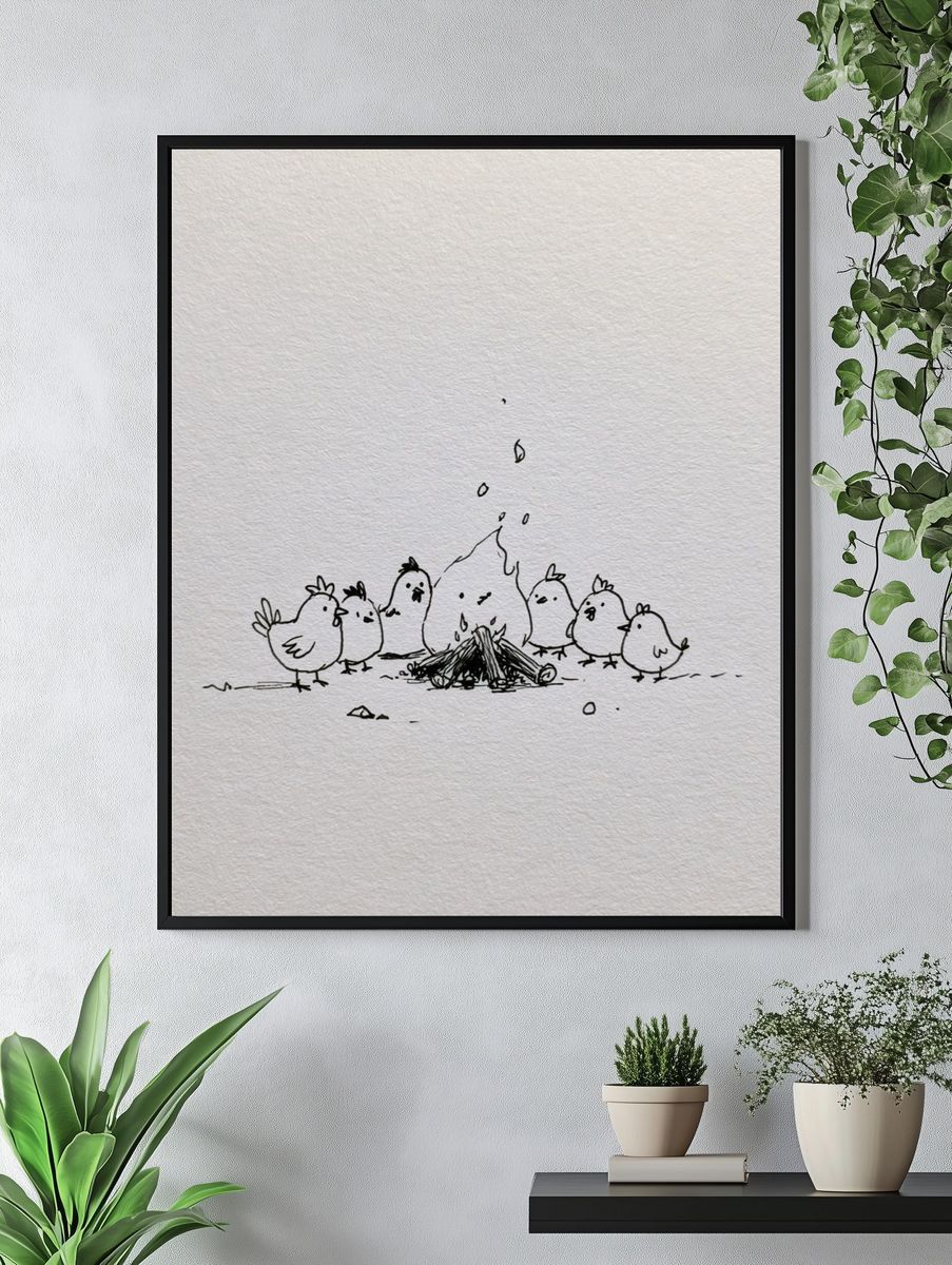 Chickens Around Campfire Illustration Poster. — room view 4
