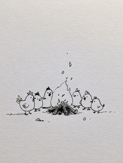 Chickens Around Campfire Illustration Poster.