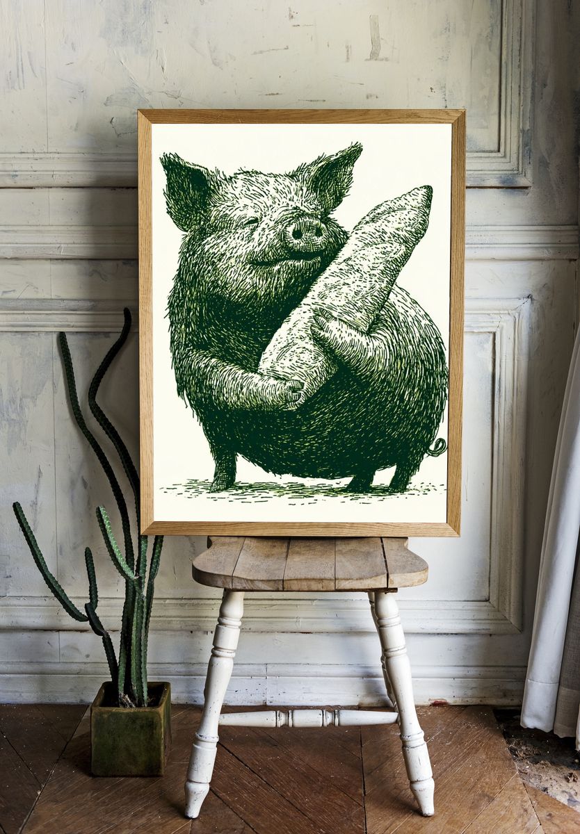 Pig with Baguette Illustration Poster. — room view 1