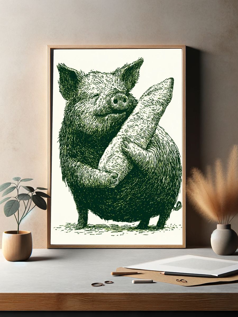 Pig with Baguette Illustration Poster. — room view 2